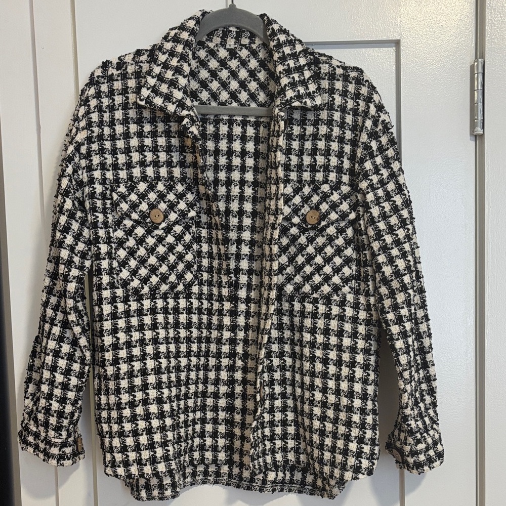 Women's Black, White, and Gold Checkered Jacket